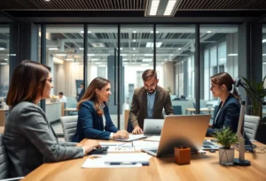 Corporate travel consulting meeting with advanced technology in an office