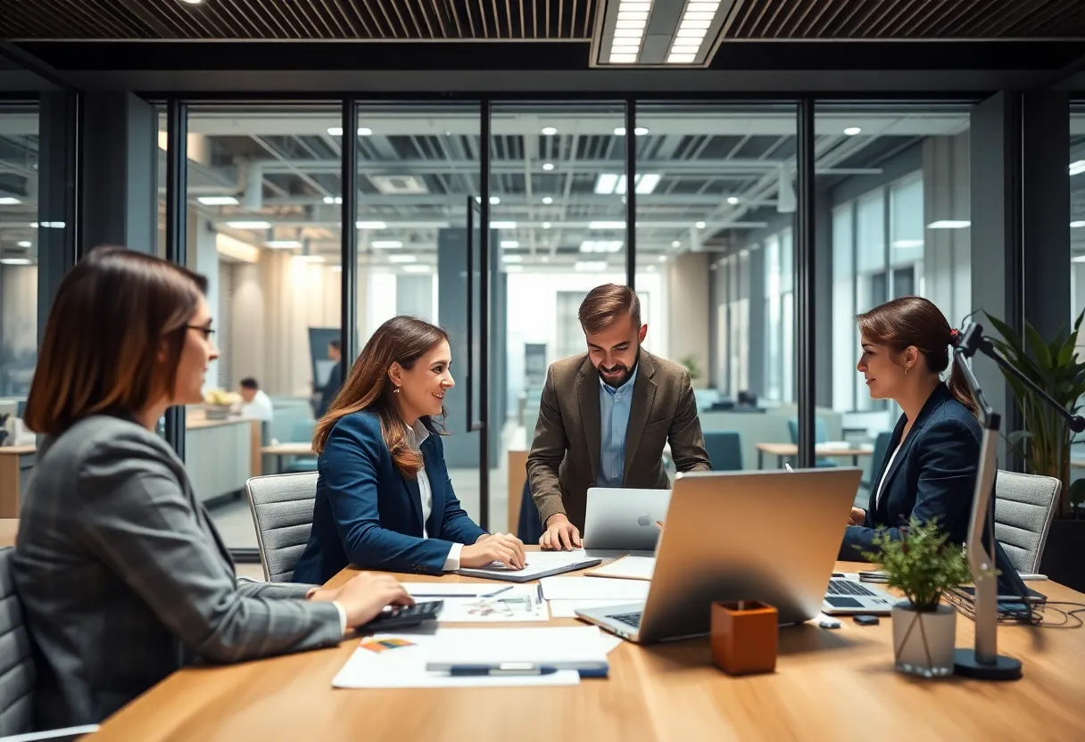 Corporate travel consulting meeting with advanced technology in an office