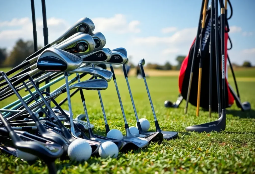 Assorted golf clubs including drivers, wedges, and putters for beginners