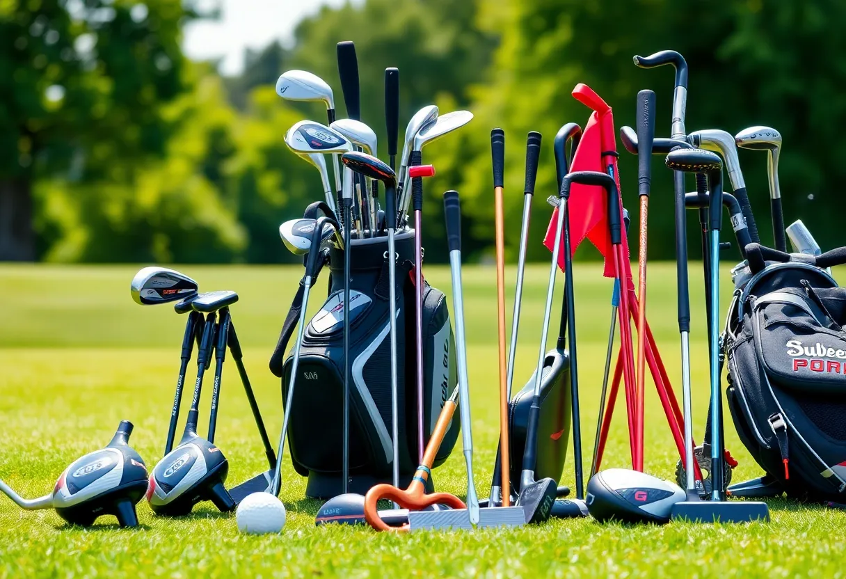 Various golf clubs on a golf course