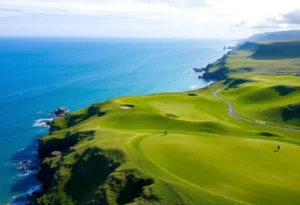 Scenic golf course in Ireland showcasing lush greens and ocean views.