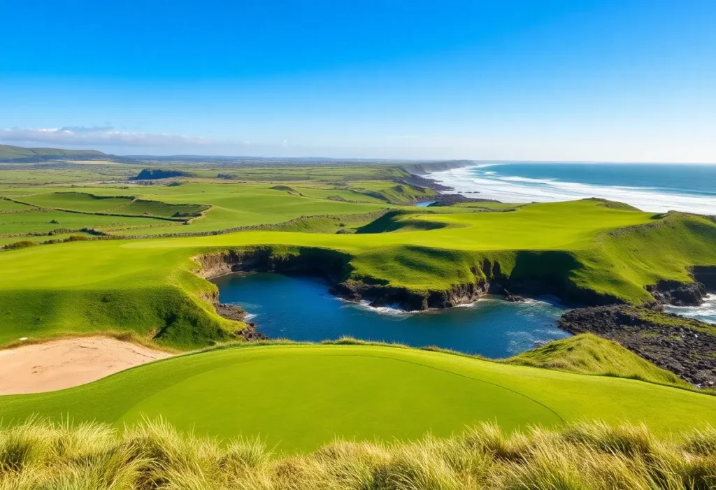 Golfers playing on a beautiful Irish golf course with coastal views