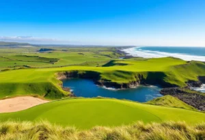 Golfers playing on a beautiful Irish golf course with coastal views