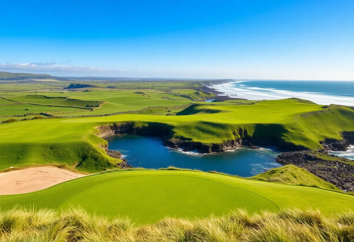 Golfers playing on a beautiful Irish golf course with coastal views