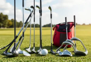 Assorted golf equipment including putters, irons, and wedges