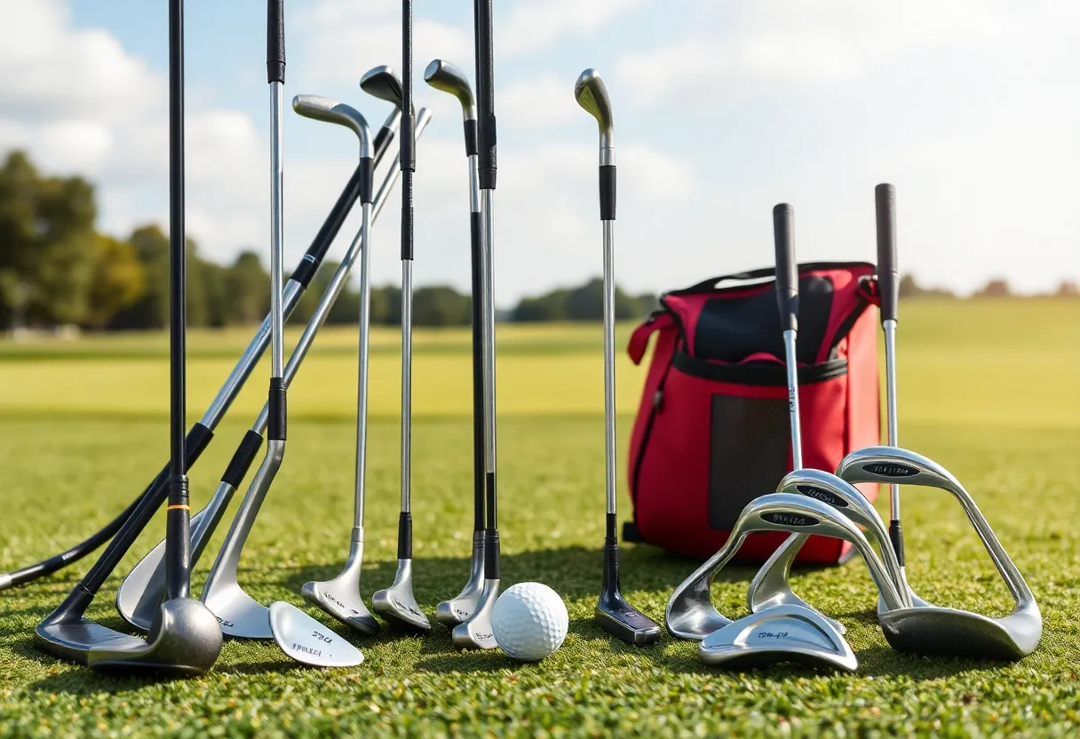 Assorted golf equipment including putters, irons, and wedges