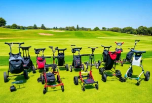 A variety of golf trolleys including electric and push models on a golf course