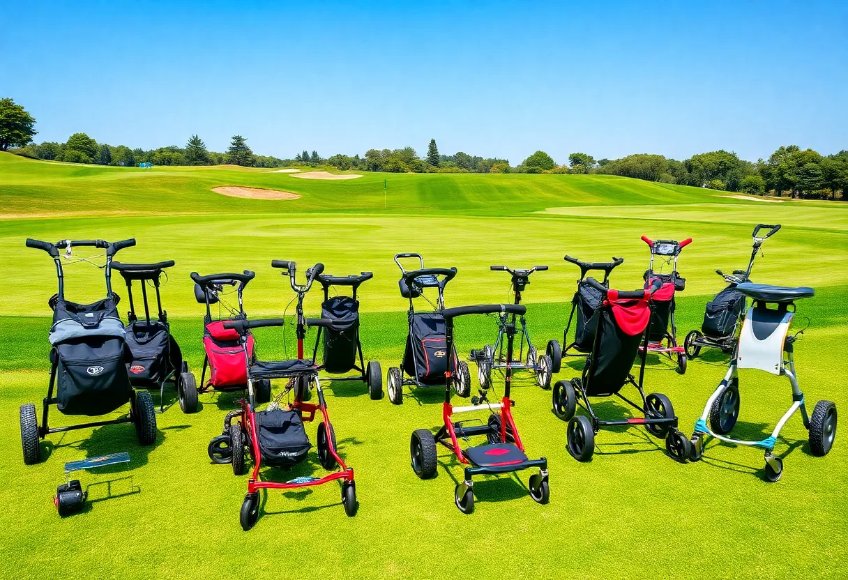 A variety of golf trolleys including electric and push models on a golf course