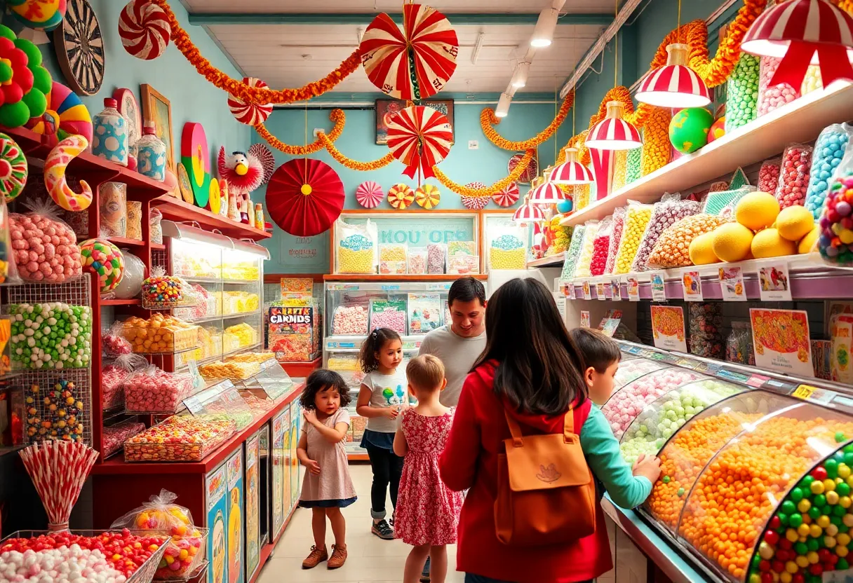 Exterior view of Grandpa Joe's Candy Shop with colorful signage and candy displays