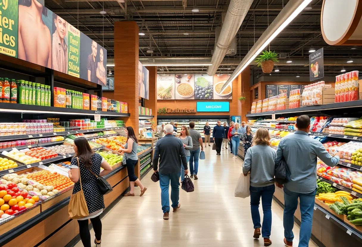 Interior of a grocery store in Dallas-Fort Worth filled with shoppers