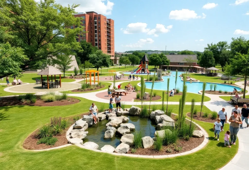 A bustling Halperin Park depicting community interactions and natural beauty.