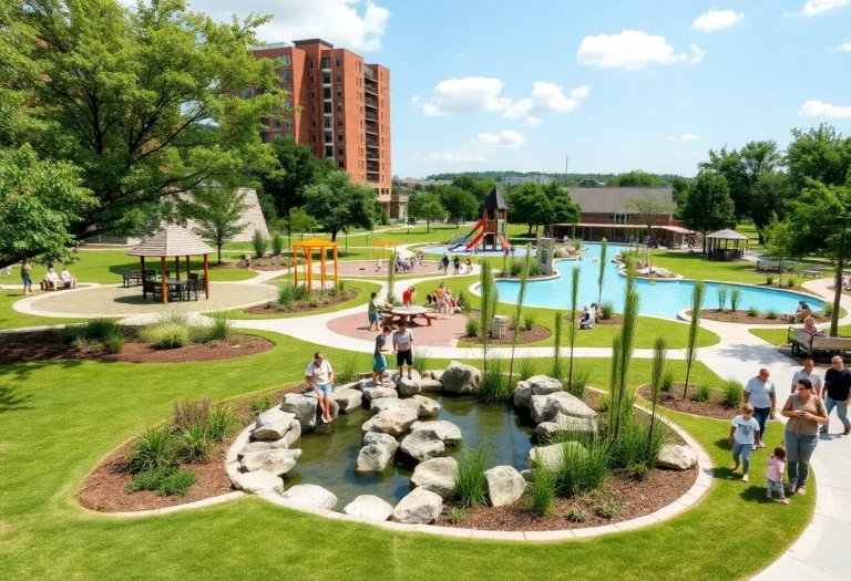 A bustling Halperin Park depicting community interactions and natural beauty.