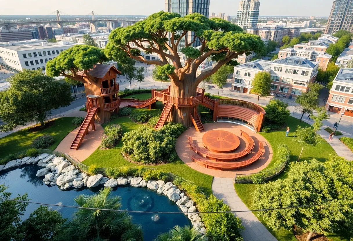 Rendering of Halperin Park in Dallas with playground and amphitheater