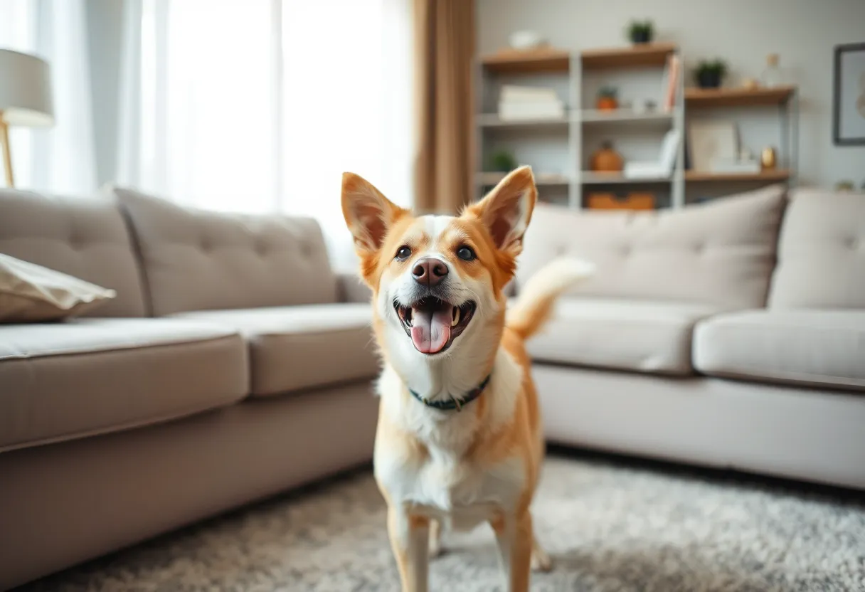 A joyful dog wagging its tail in a safe indoor environment.