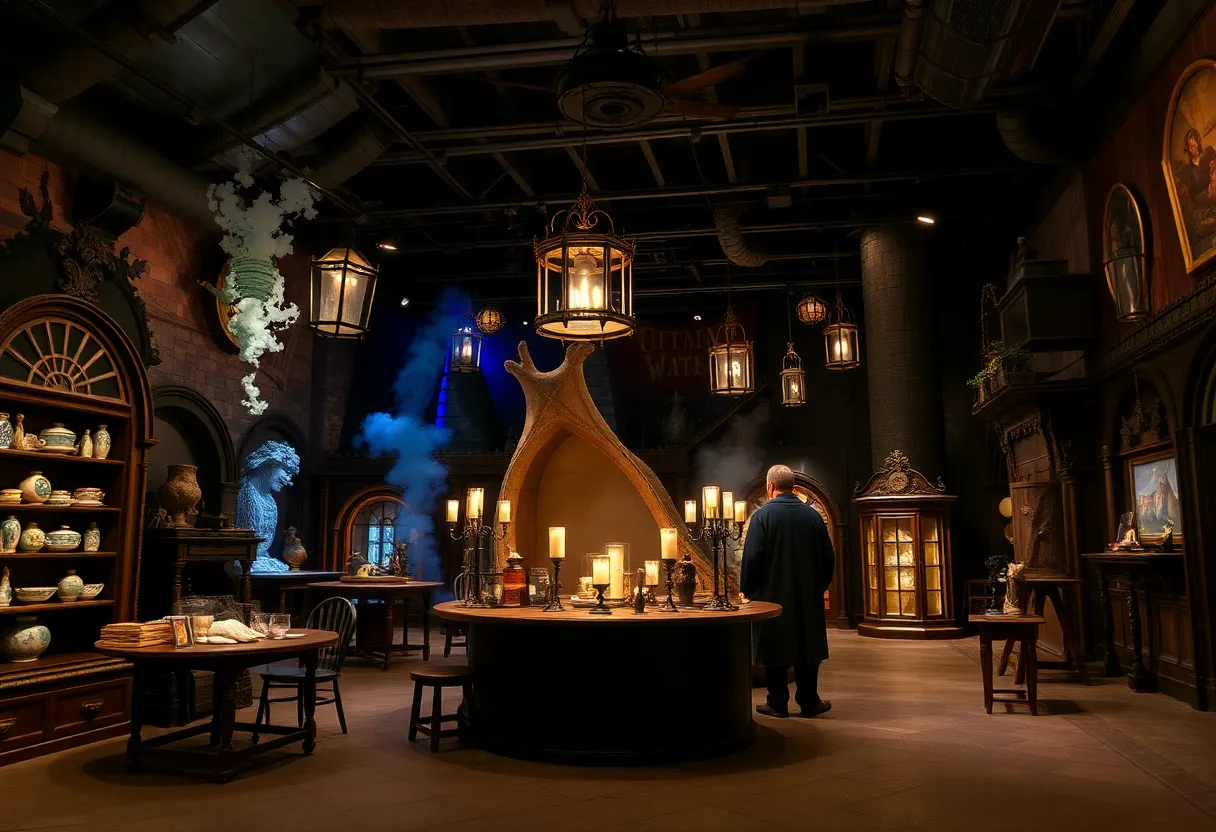 An immersive display of Harry Potter exhibition featuring magical props and settings.