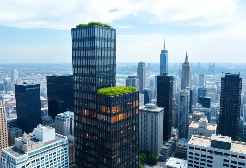 Tall office tower in the Harwood District with a rooftop garden