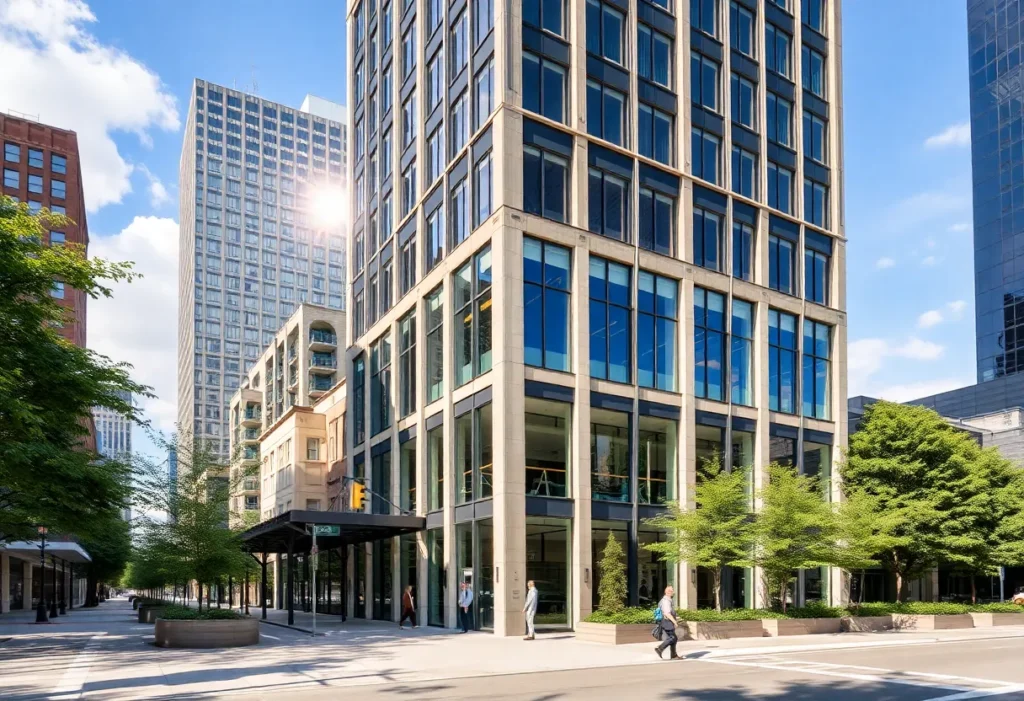 Architectural view of Harwood No. 1 office building in Dallas