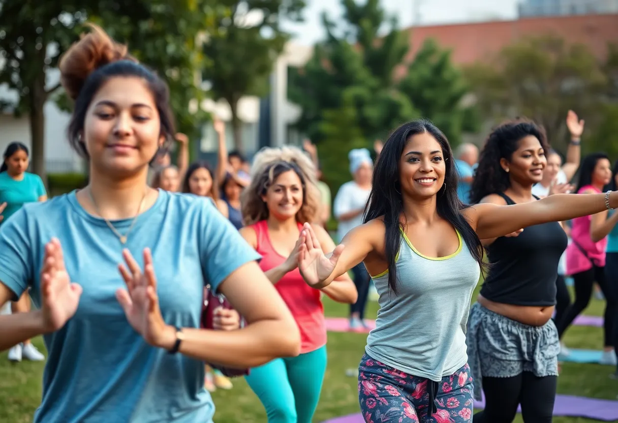 Community members participating in fitness classes at a health kickoff event.