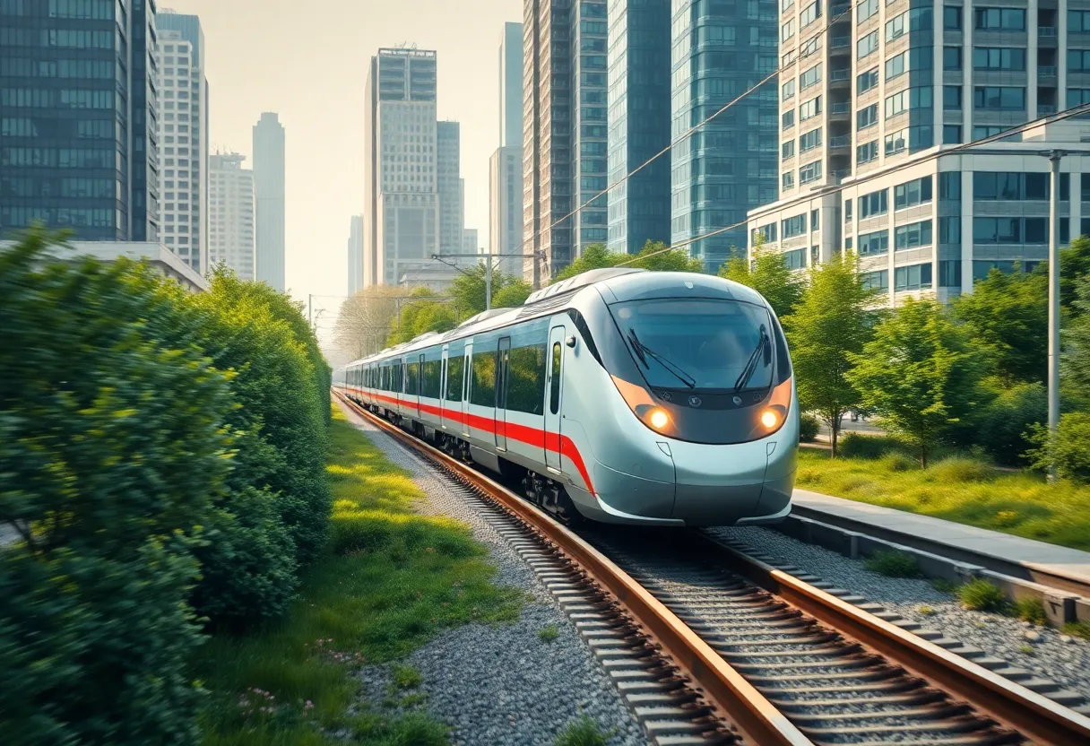 Conceptual image of a high-speed rail train in urban Dallas