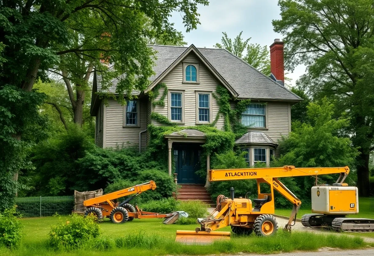 A historic home in Dallas with construction equipment nearby