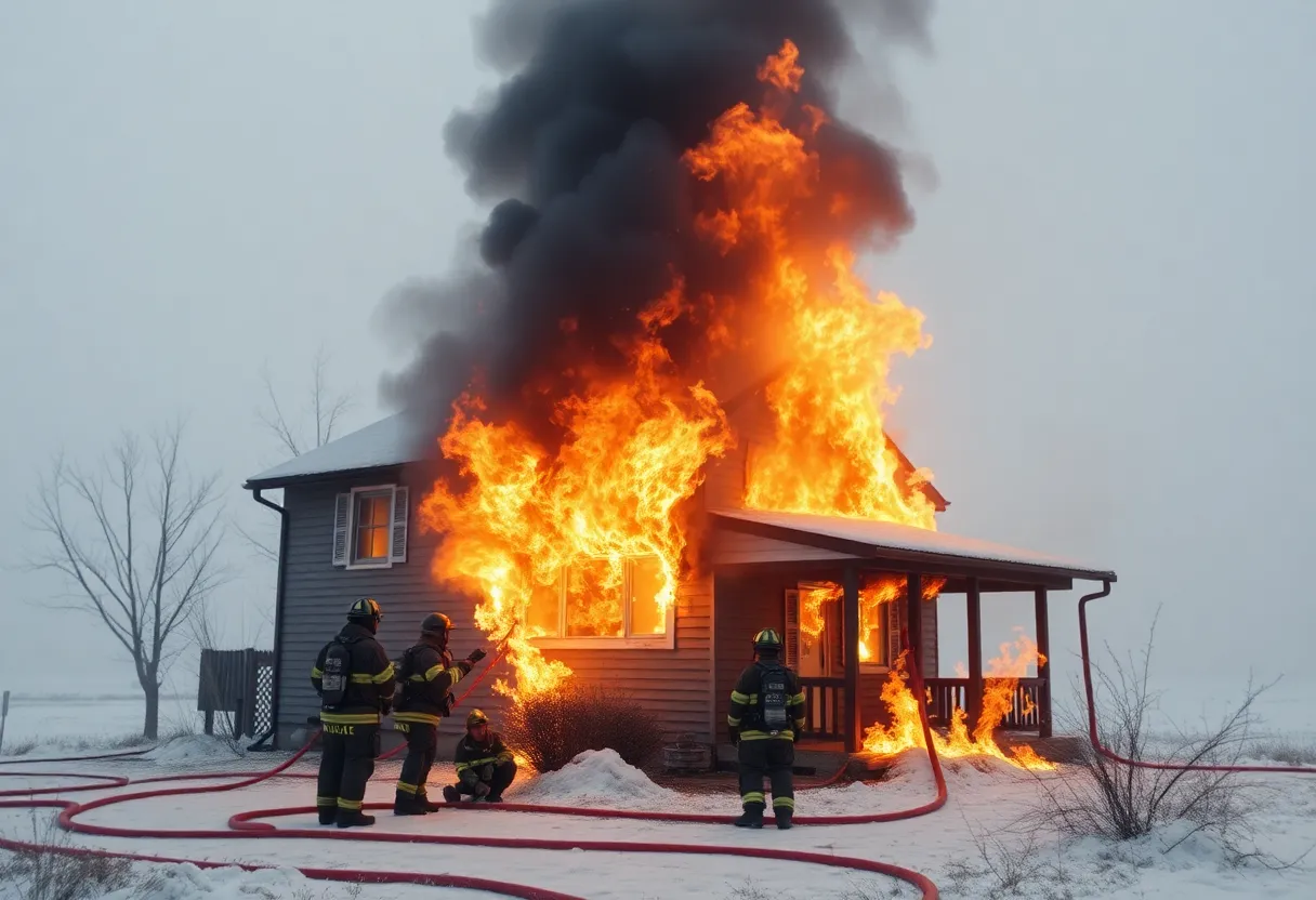 Firefighters battling a house fire in Colleyville during winter conditions.