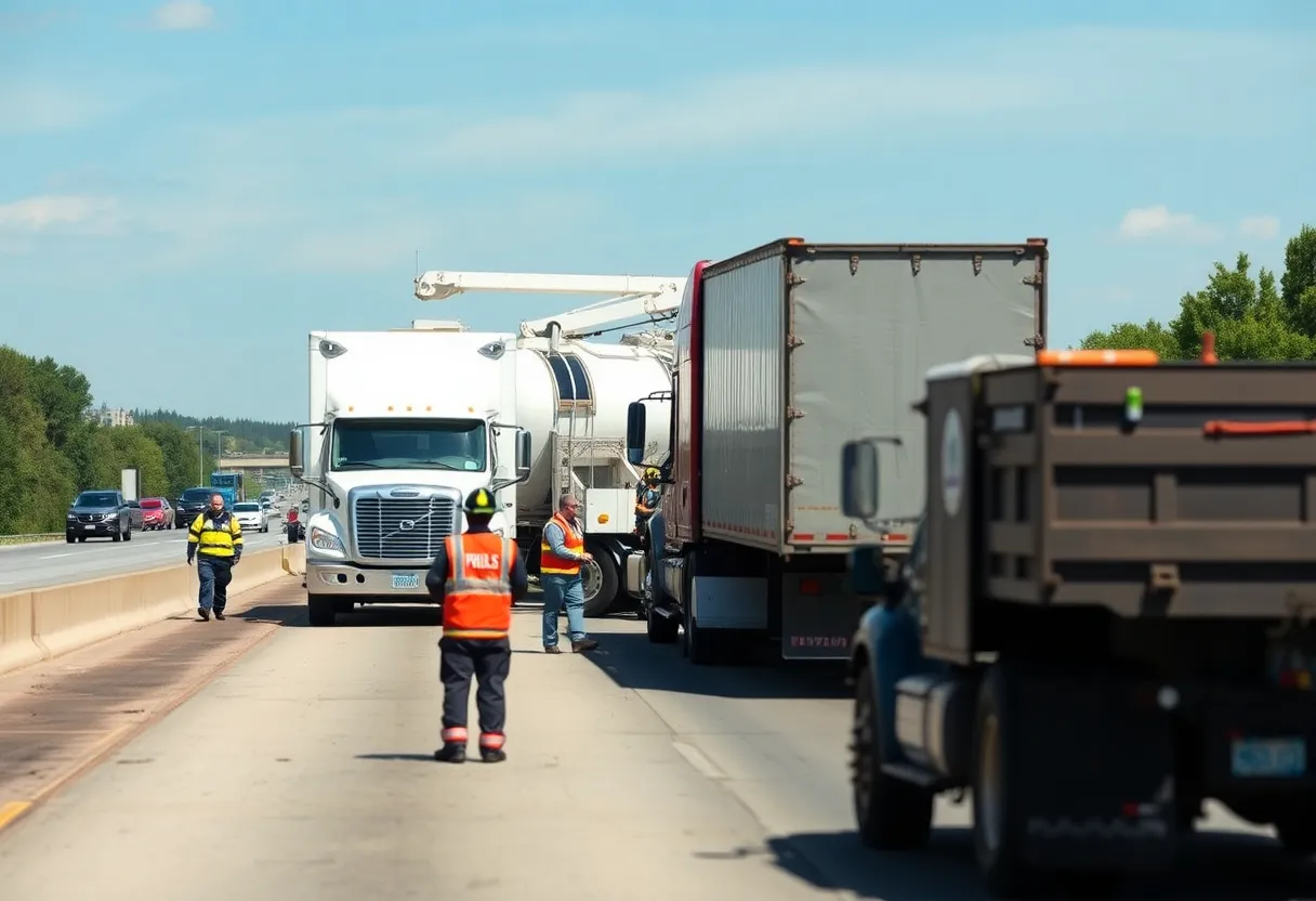 Scene of a traffic accident involving a utility truck and an 18-wheeler on Loop 610 in Houston.