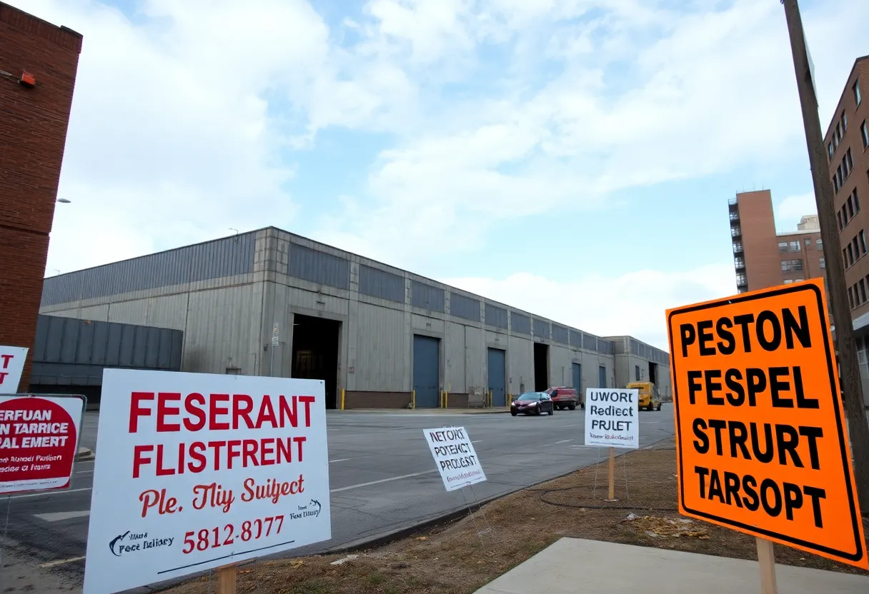 Protest signs outside a vacant warehouse in Hutchins, Texas, proposed for ICE detention center