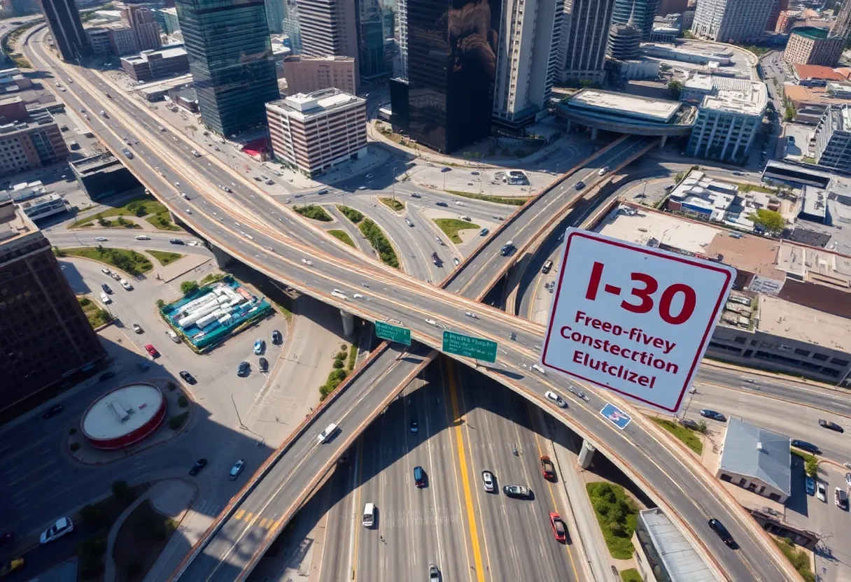 Aerial view of I-30 construction in downtown Dallas