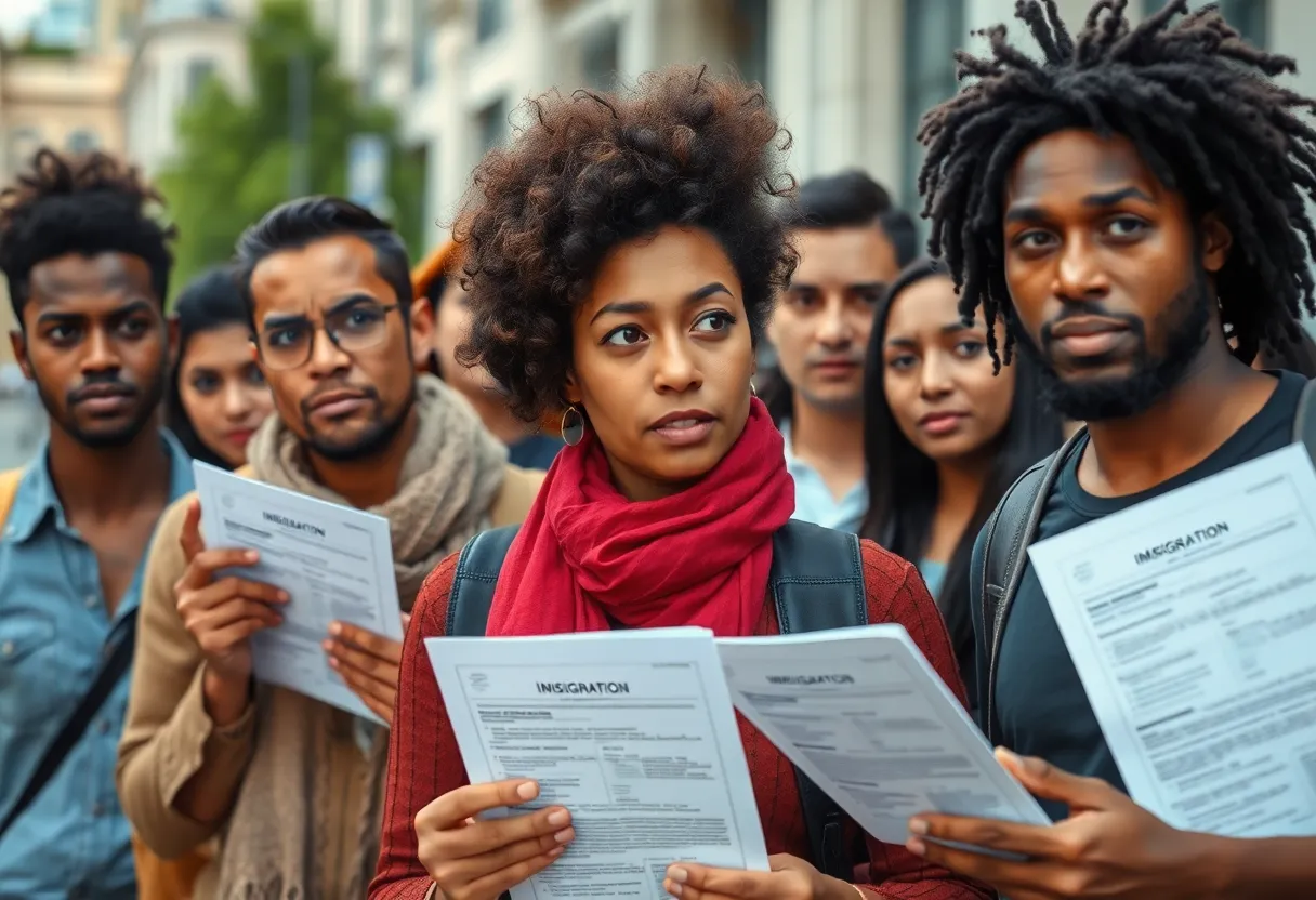 Individuals holding immigration papers with concerned expressions in an urban environment.