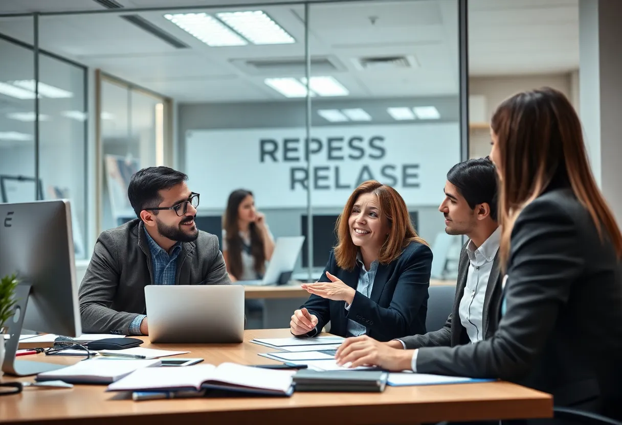 Entrepreneurs discussing press release distribution strategies at an office