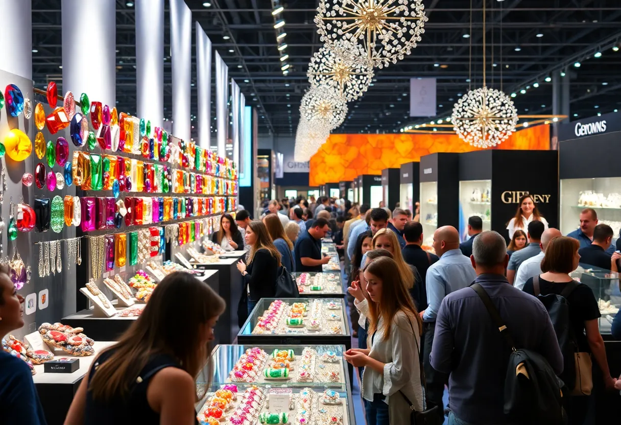 International Gem & Jewelry Show in Dallas with various jewelry displays.