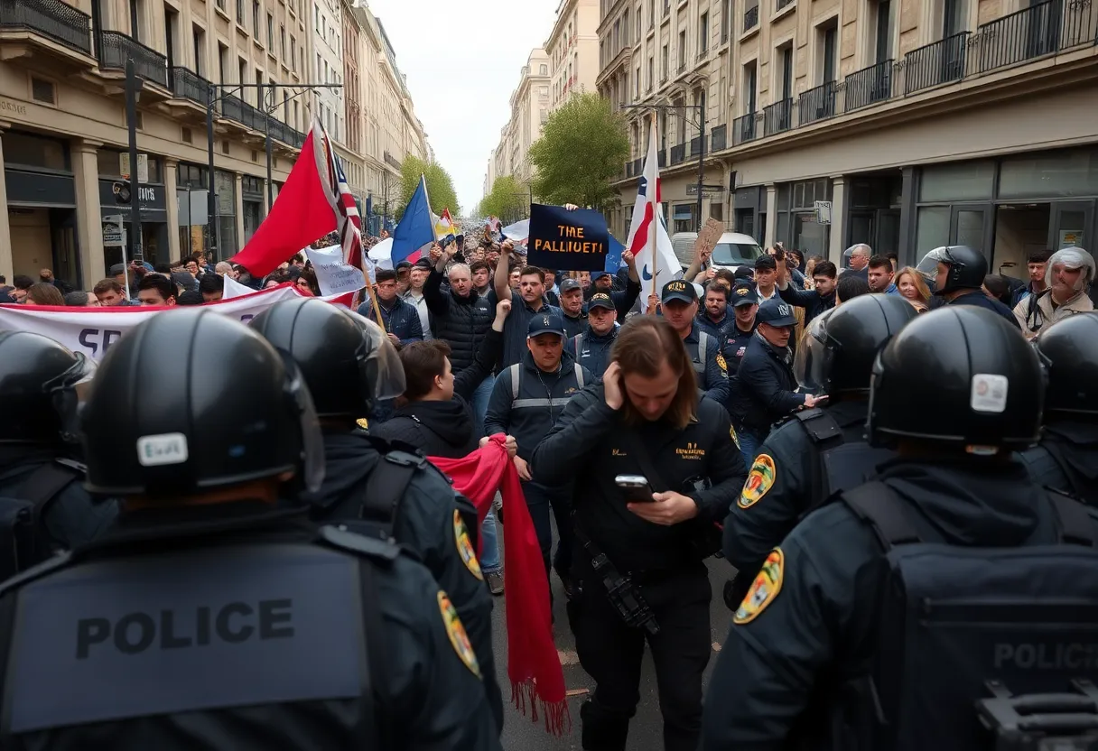 Protesters in Iran demonstrating amid heavy police presence.