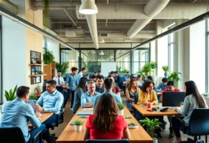 Co-working space in Irrigon business incubator with entrepreneurs working and collaborating.