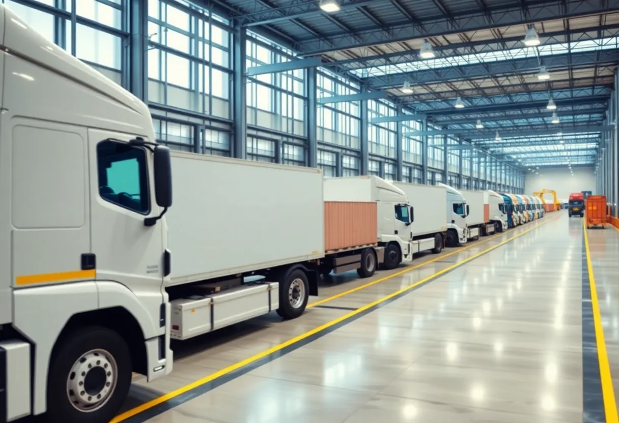 Logistics center with trucks and technology in freight payments