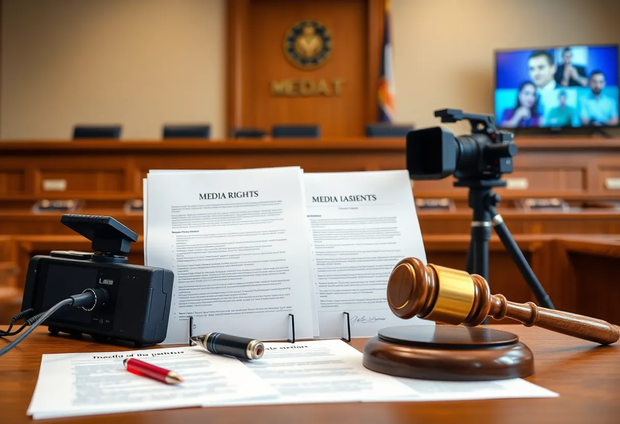 Courtroom scene depicting a lawsuit involving a media figure