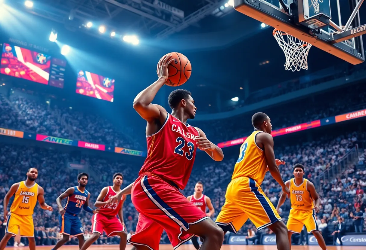 Scene from the Knicks vs Nets basketball game depicting players in action