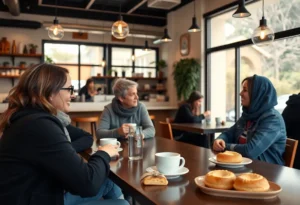 Interior view of La La Land Kind Café at DFW Airport with travelers enjoying coffee.