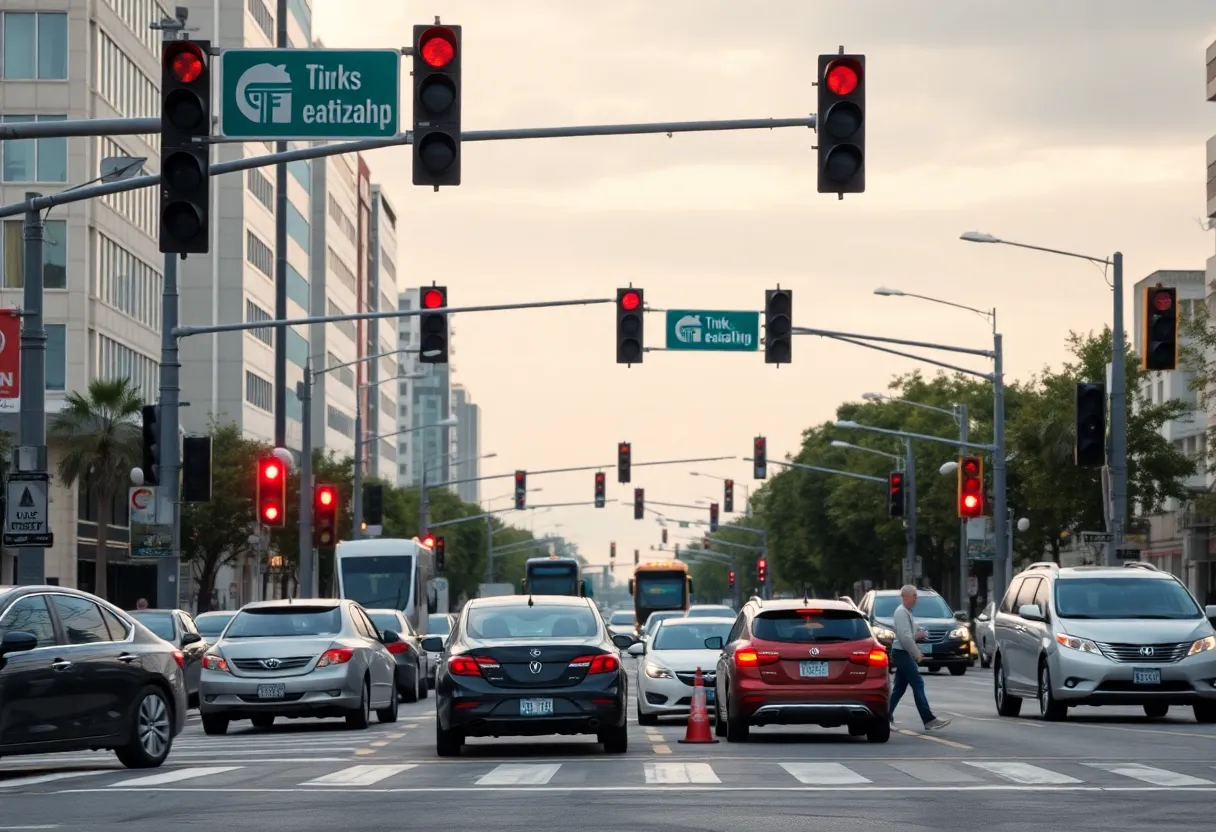 Traffic intersection with vehicles and pedestrians demonstrating safety concerns.