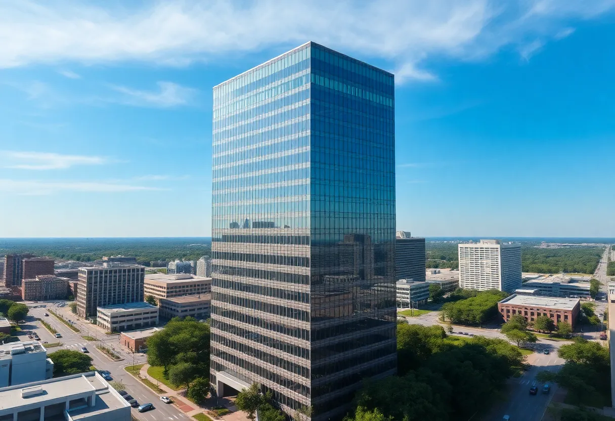 Aerial view of Lakeside Square office tower in Far North Dallas