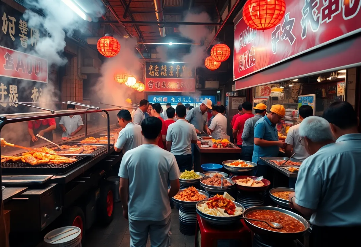 Busy barbecue restaurant with smoke and vibrant dishes