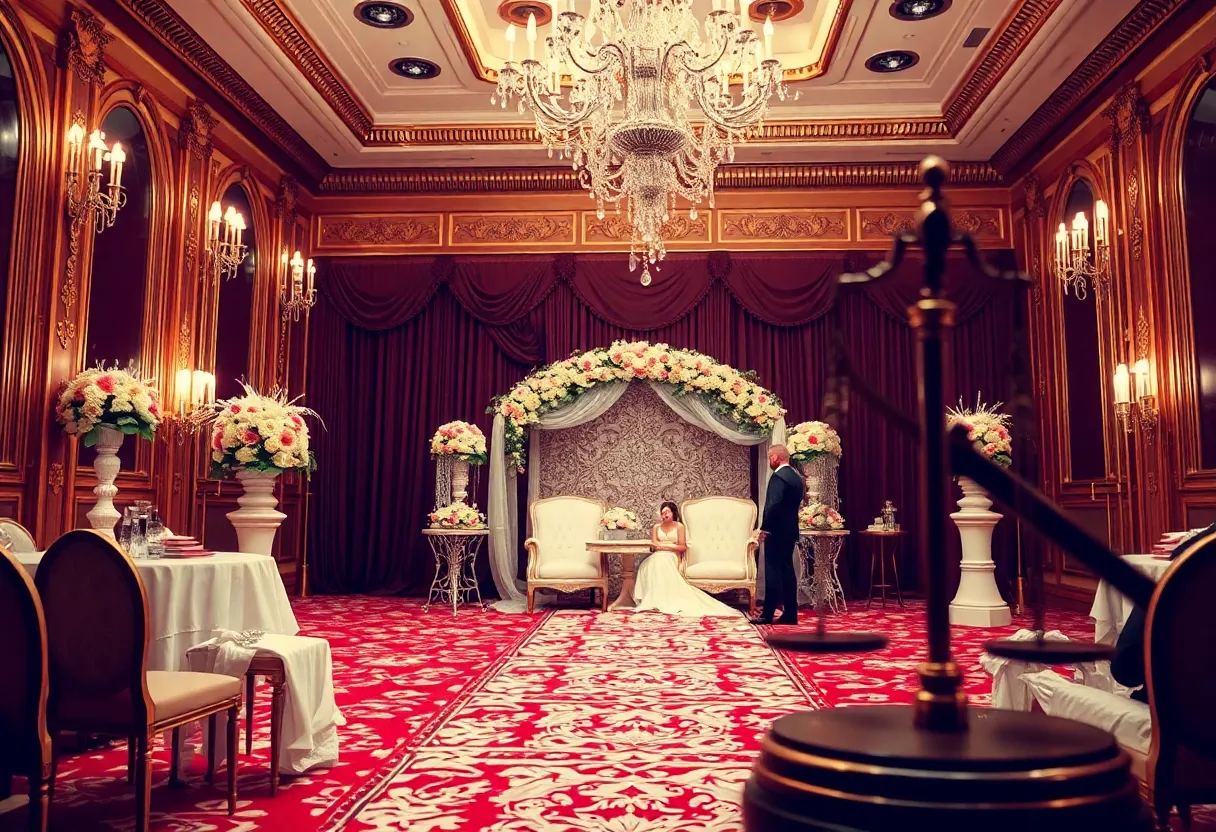Luxurious wedding decor contrasting with symbols of legal challenges
