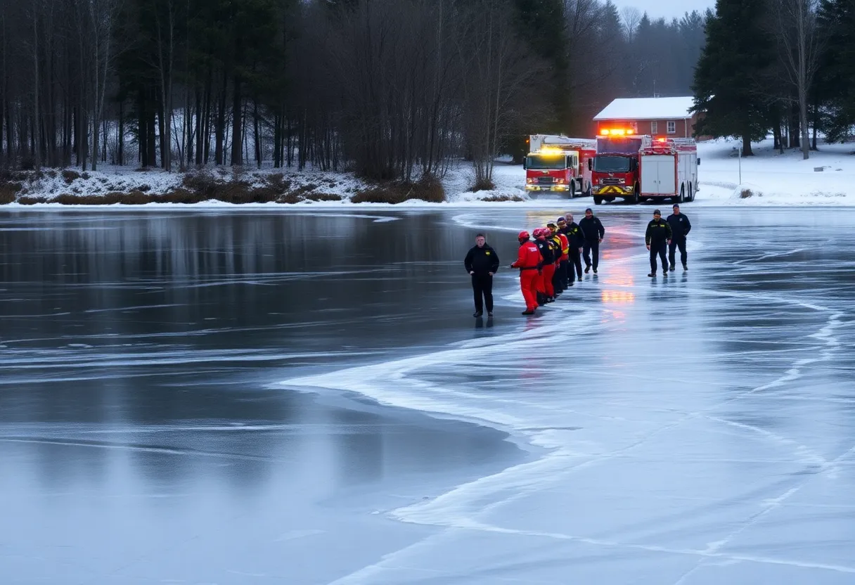 Rescue operation at an icy pond in Lewisville, Texas