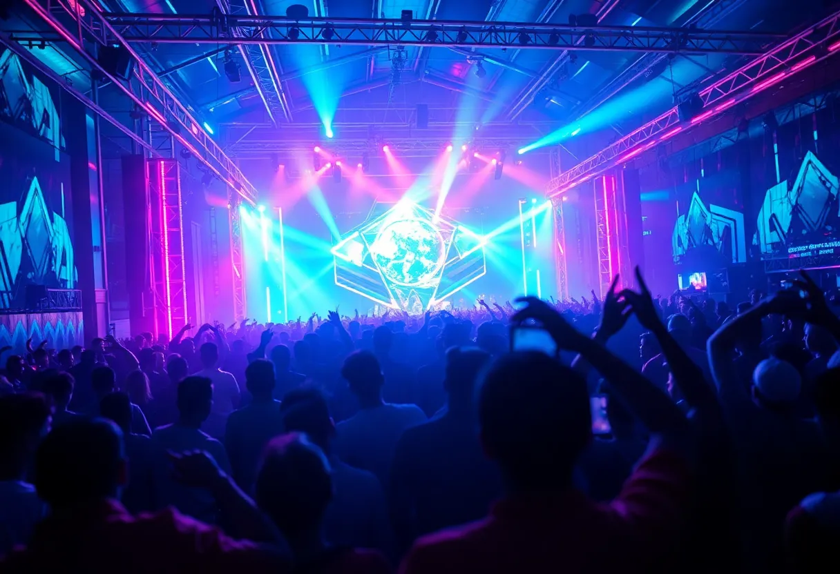 A colorful cyber-futuristic festival scene with electronic music enthusiasts.