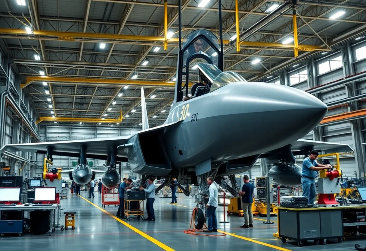 Workers assembling Lockheed Martin F-35 fighter jets in a production line.