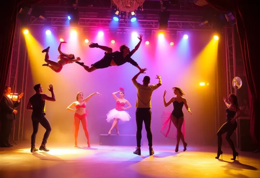 Performers in a romantic cabaret show featuring acrobatics and burlesque.