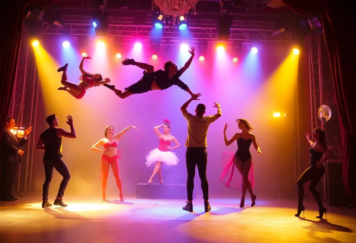 Performers in a romantic cabaret show featuring acrobatics and burlesque.