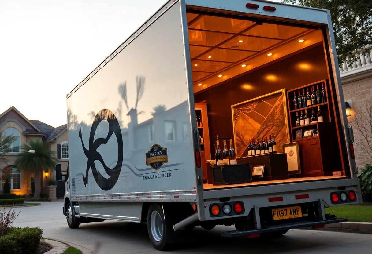 A luxurious moving truck loading fine art and wine collections in a Dallas neighborhood