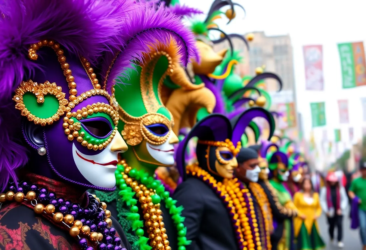 Dallas Mardi Gras celebration with festive decorations and people in masks.