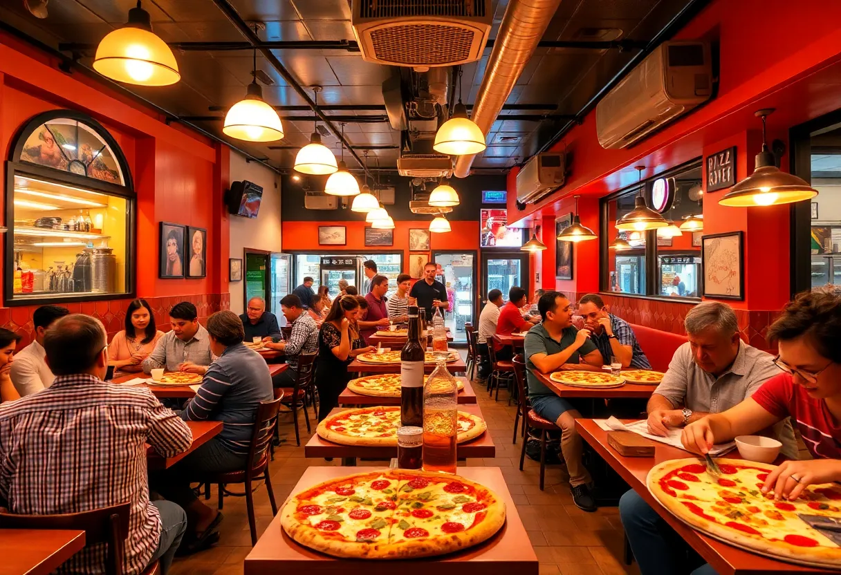 Interior of Mattenga’s Pizzeria with customers dining.