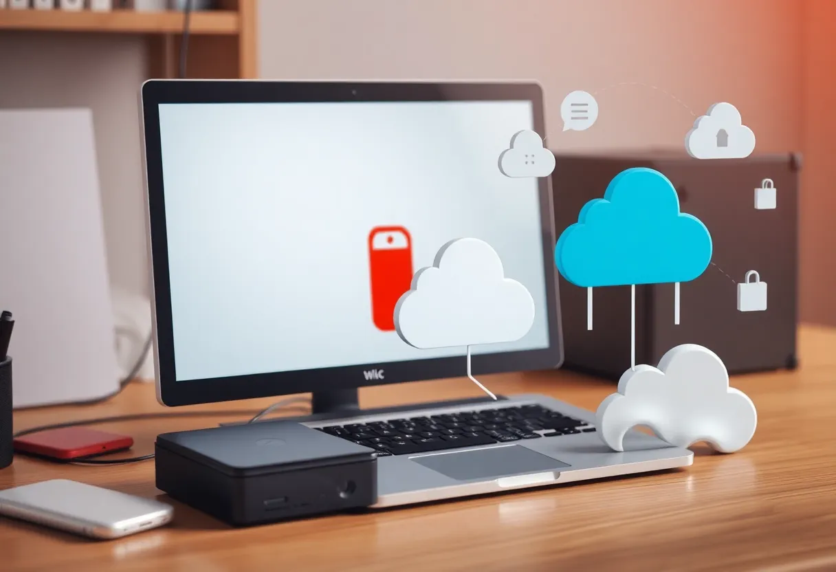 Computer showing limited storage space with external drives and cloud storage symbols